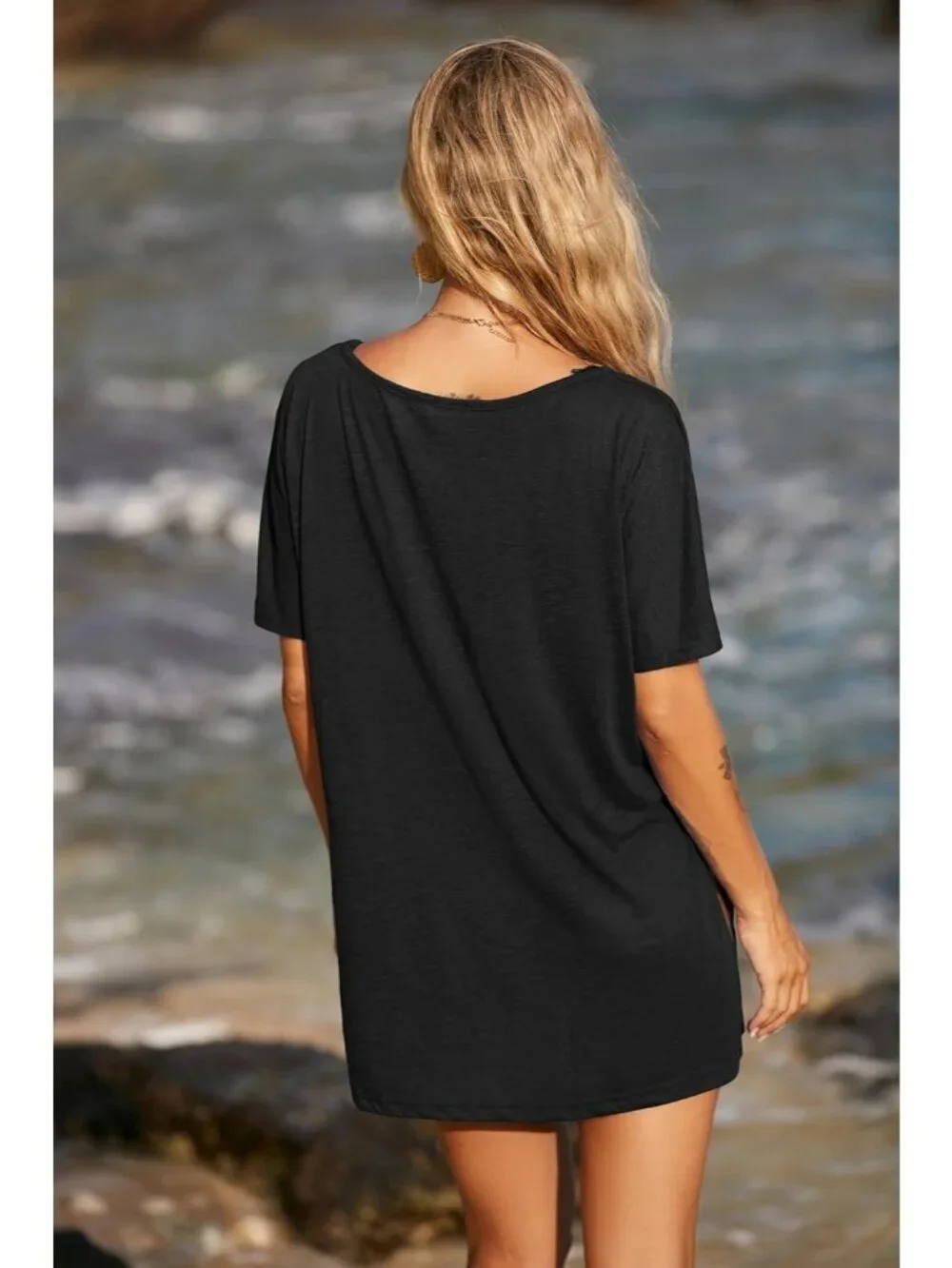 Women's Black Hola Short Sleeve Cover Ups for Beach Bathing Suit Swimwear